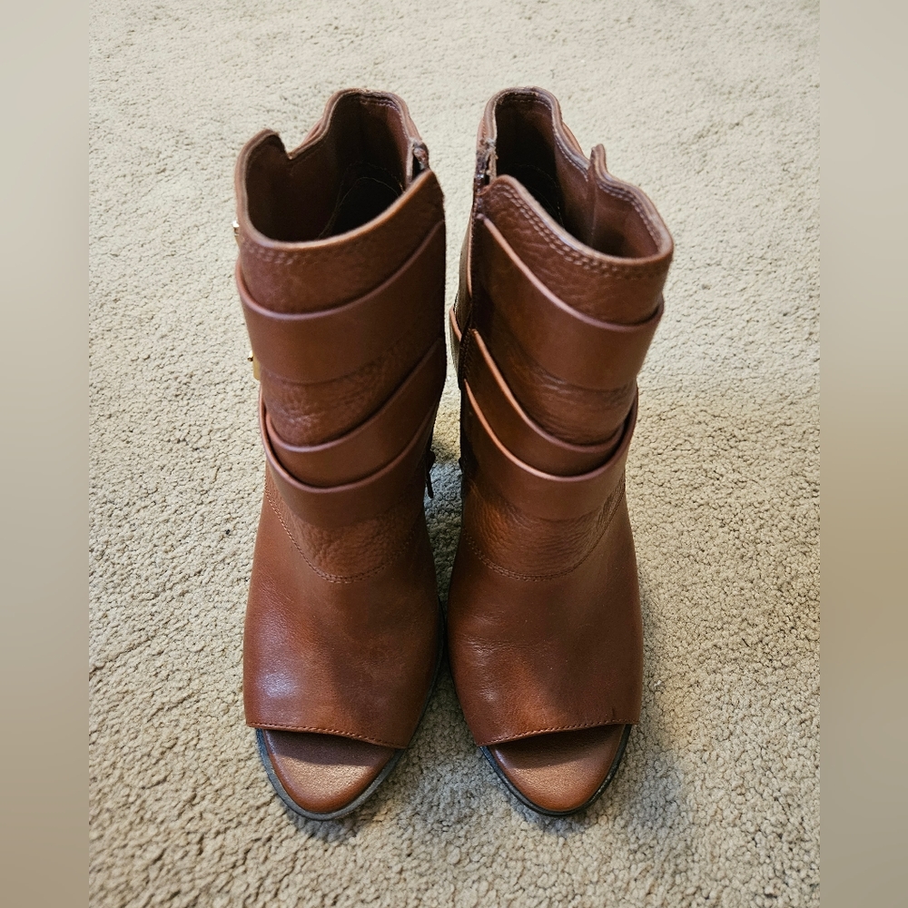 Gianni Bini Belted Brown Leather Peep Toe Booties Size 7.5M